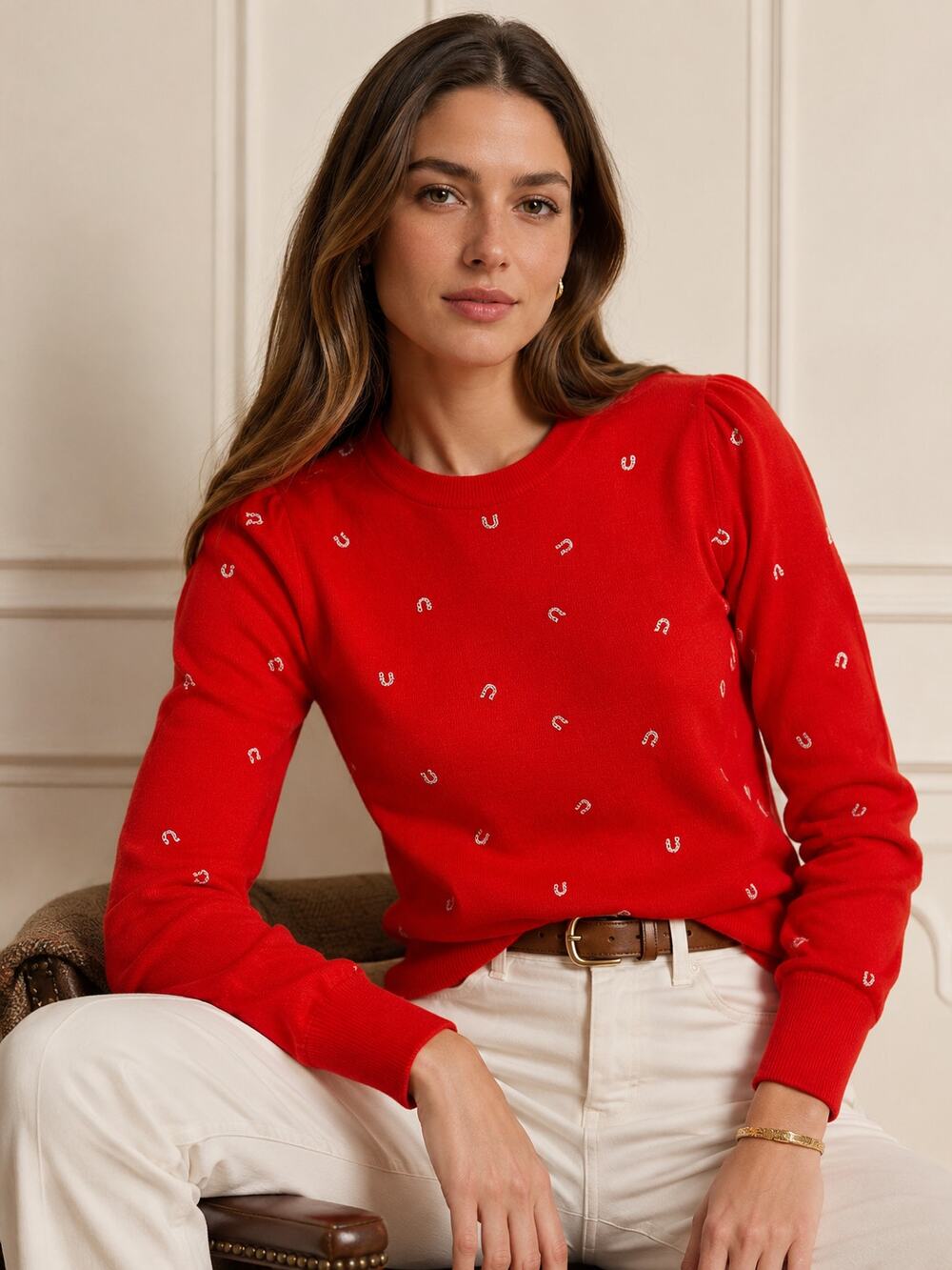 BANANA REPUBLIC Red Horseshoe Print Merino Wool Puff Sleeve Sweater S